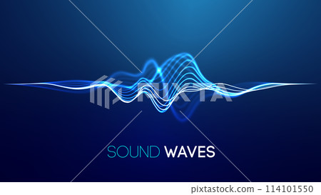 Sound waves on blue background. Curve radio wave digital signal. Digital technology background. 114101550