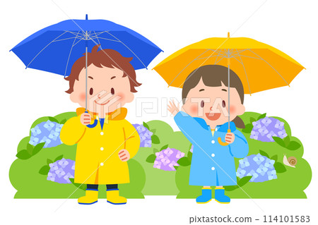 孩子們穿著雨傘和雨傘 孩子們穿著雨傘和雨傘 114101583