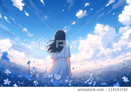 陽光明媚的日子裡女孩的背影“AI 生成圖像” 114101592