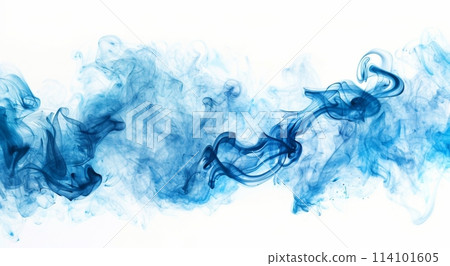 A dynamic swirl of blue smoke on a white background, creating a fluid and ethereal motion effect 114101605