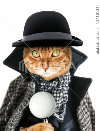 A cat with a magnifying glass dressed as a detective or sleuth. 114101824