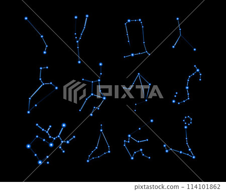 Vector isolated illustration set of zodiac sign constellations with neon effect. 114101862