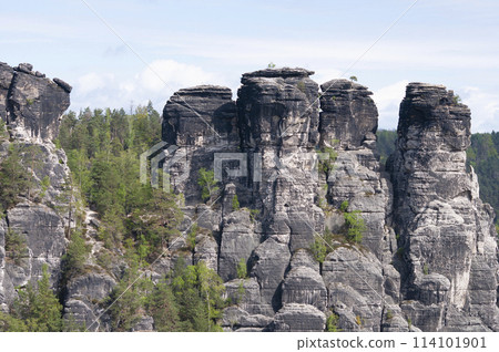 Beautiful summer view of Elbe river from Bastei view pont. Colorful morning scene of Saxon Switzerland national park, Germany, Europe. Beautiful summer view of Elbe river from Bastei view pont. Colorful morning scene of Saxon Switzerland national park, Germany, Europe. 114101901