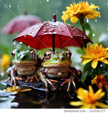 Rainy Refuge: Frogs Seeking Shelter Under Flower Umbrellas 114102177