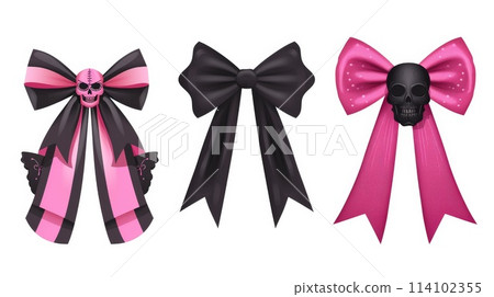 Emo pink bow with skull set. Y2k style. Goth subculture isolated on white background. Ai generative 114102355