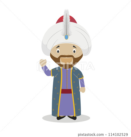 Sultan Mehmed II (The Conqueror) cartoon character. Vector Illustration. Kids History Collection. 114102529