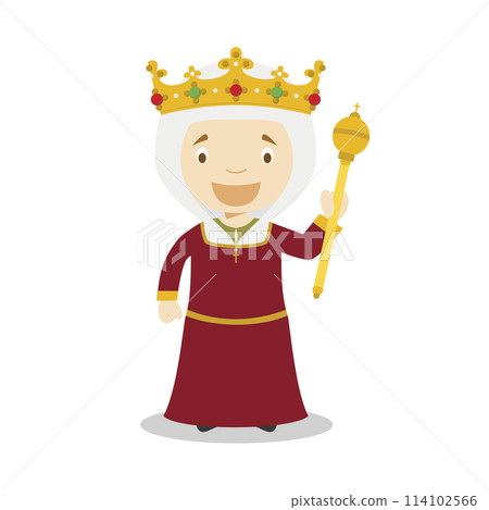 Isabella I of Castile (The Catholic) cartoon character. Vector Illustration. Kids History Collection. 114102566
