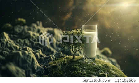 a glass of milk stands on top of a planet with green trees, world milk day 114102606