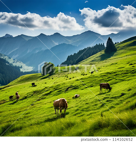Harmony of the Meadow: Farm Animals Grazing on the Green Pasture 114102652