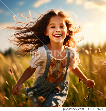 Happy Child Girl Running with a Kite in Nature's Meadow 114102671