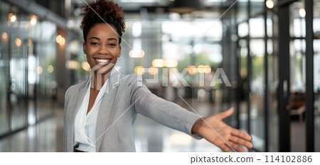 Welcoming Businesswoman with a Bright Smile in Modern Office Setting. Professional Attire and Positive Vibe. Handshake Offer. AI 114102886