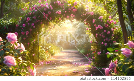 Enchanting Rose Archway in a Serene Garden Pathway, Inviting Sunlight Shining Through. Perfect for Romantic and Nature Themes. AI 114102895