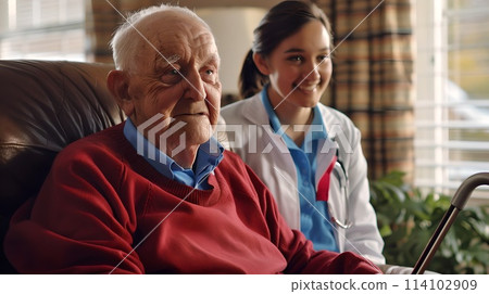 Elderly Man with Young Nurse Smiling in a Cozy Room, Inter-Generational Care Concept. Comfortable Healthcare Setting. AI 114102909