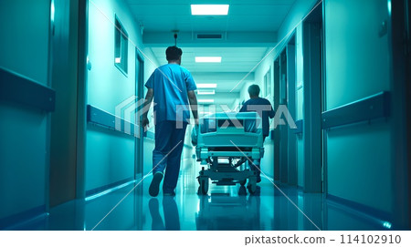 Hospital scene at night with medical staff and patient on stretcher. Healthcare professionals in action. Emergency care, medical concept. Calm atmosphere in a clinical corridor. AI 114102910