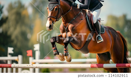 Equestrian Show Jumping in Action, Horse and Rider Overcoming Obstacle. Sports Event, Athletic Grace. Competitive Riding in Nature. AI 114102911