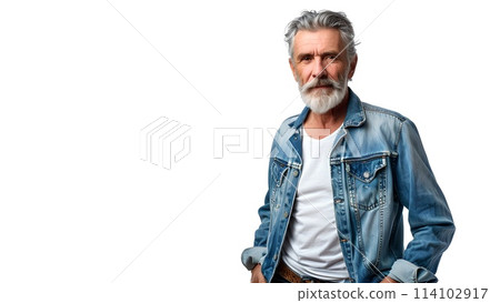 Confident Senior Man in Casual Denim Attire Posing with a Smile. Stylish Elder Male Model Representing Fashion for Elderly. Effortless Elegance. AI 114102917