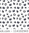 Seamless pattern of grayscale dice for DND role playing games with four, six, eight, twelve and twenty sides. Dice for the game Dungeons and Dragons in grayscale on white background. 114102943