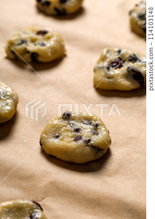 Homemade cookies with chocolate and raisins. The process of making cookies Homemade cookies with chocolate and raisins. The process of making cookies 114103148