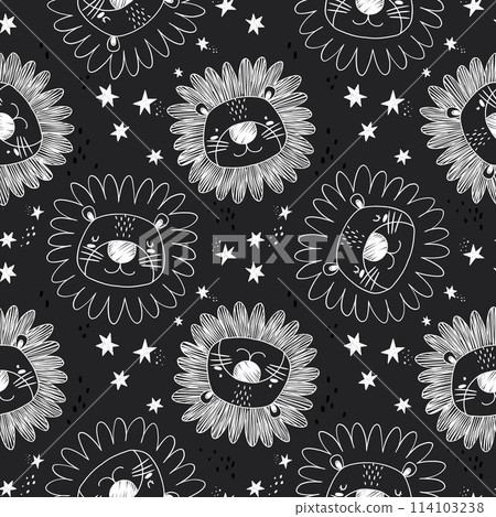 Cute kid's seamless pattern with pencil hand drawn lion smiling faces. Children's floral print. Stock baby illustration. Surface background and wallpaper design. 114103238