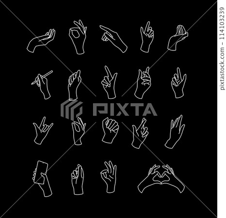 Gesture Hands Sign White Thin Line Icon Set on a Black. Vector Gesture Hands Sign White Thin Line Icon Set on a Black. Vector 114103239