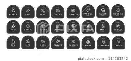 Black Labels for Spices Food Stickers for Marking Jars and Containers Thin Line Set. Vector 114103242