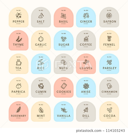 Color Labels for Spices Food Stickers for Marking Jars and Containers Thin Line Set. Vector 114103243