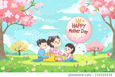 An animated image showing a mother and her children picnicking under cherry blossoms with a festive balloon for Mothers Day. An animated image showing a mother and her children picnicking under cherry blossoms with a festive balloon for Mothers Day. 114103334