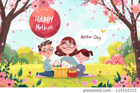 A colorful illustration of a happy family enjoying a picnic in a blooming park, celebrating Mothers Day with a big red balloon. A colorful illustration of a happy family enjoying a picnic in a blooming park, celebrating Mothers Day with a big red balloon. 114103335