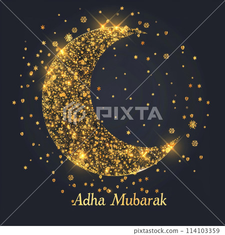 A luxurious golden crescent surrounded by twinkling stars, with Adha Mubarak inscription, ideal for Eid al-Adha celebrations and greetings. 114103359