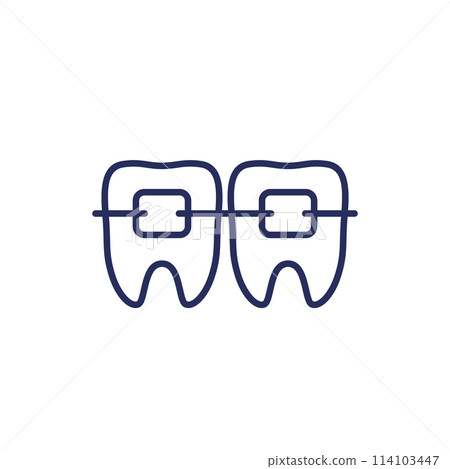 braces icon with teeth, line vector 114103447