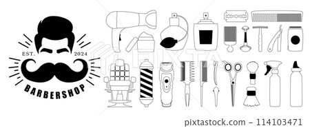 Set of black line icons of elements for hairdressing salon. Hair clipper, combs, scissors, hair dryer, razor, perfume, barbershop supplies, vector line art style 114103471