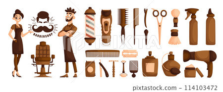 Set of elements on the theme of a hairdressing salon. A guy and a girl are barbershop workers. Haircut machine, combs, scissors, hair dryer, razor, perfume, barbershop supplies, vector cartoon. 114103472