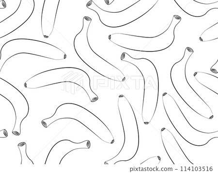 Seamless pattern with black outlines of bananas on a white background. Drawing of bananas in linear style. Design for wallpaper, banner printing and promotional products. Vector illustration 114103516