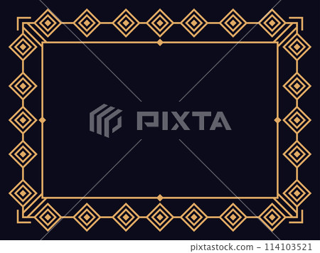 Art deco frame. Vintage linear border. Design a template for invitations, leaflets and greeting cards. Geometric golden frame. The style of the 1920s - 1930s. Vector illustration 114103521