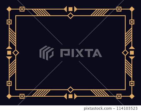 Art deco frame. Vintage linear border. Design a template for invitations, leaflets and greeting cards. Geometric golden frame. The style of the 1920s - 1930s. Vector illustration 114103523