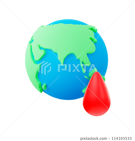 3d cartoon blue and green globe with red blood drop isolated on white background. Design element for June 14 World blood donor day concept. Medical poster of Donate blood. 3D Vector illustration. 3d cartoon blue and green globe with red blood drop isolated on white background. Design element for June 14 World blood donor day concept. Medical poster of Donate blood. 3D Vector illustration. 114103533