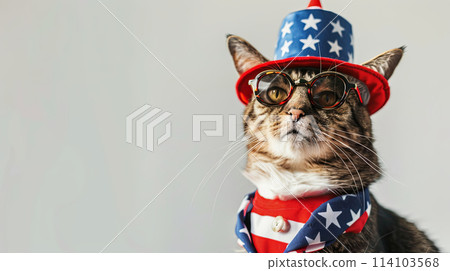 A cat celebrates in a costume on the 4th of July Independence USA Day 114103568