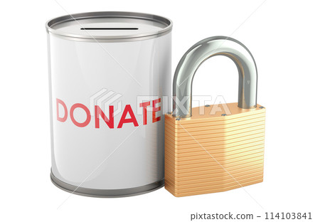 Donation can with padlock, 3D rendering Donation can with padlock, 3D rendering 114103841