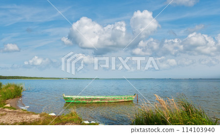 boat on summer lake bank boat on summer lake bank 114103940