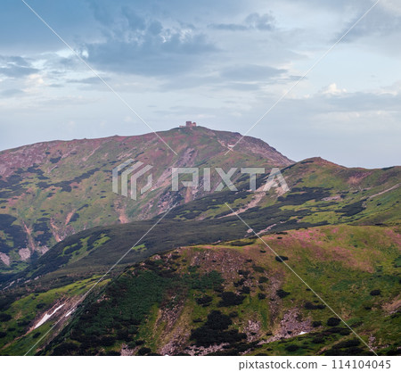 Pip Ivan mount and observatory and rhododendron flowers on slope 114104045