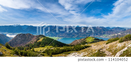 Picturesque autumn Alps mountain lakes view from Schafberg viewpoint, Salzkammergut, Upper Austria. 114104052