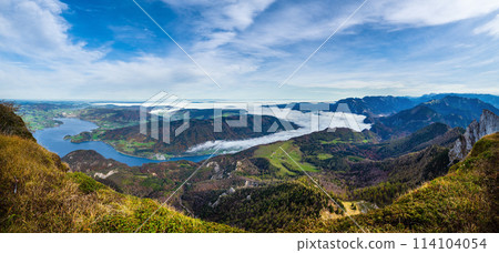 Picturesque autumn Alps mountain lakes view from Schafberg viewpoint, Salzkammergut, Upper Austria. 114104054