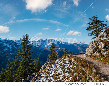 Autumn Alps mountain misty morning view from Jenner Viewing Platform, Schonau am Konigssee, Berchtesgaden national park, Bavaria, Germany. Autumn Alps mountain misty morning view from Jenner Viewing Platform, Schonau am Konigssee, Berchtesgaden national park, Bavaria, Germany. 114104072