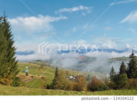 Beautiful country morning in Carpathian mountains 114104122