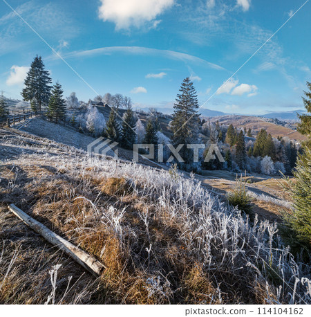 Winter coming. Last days of autumn, morning in mountain countryside peaceful picturesque hoarfrosted scene. Ukraine, Carpathian mountains. Winter coming. Last days of autumn, morning in mountain countryside peaceful picturesque hoarfrosted scene. Ukraine, Carpathian mountains. 114104162