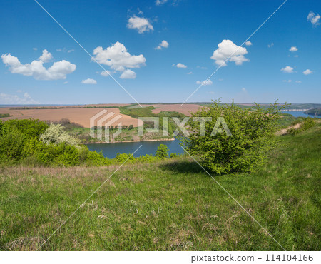 Amazing spring view on the Dnister River Canyon with picturesque rocks, fields, flowers. This place named Shyshkovi Gorby, Nahoriany, Chernivtsi region, Ukraine. Amazing spring view on the Dnister River Canyon with picturesque rocks, fields, flowers. This place named Shyshkovi Gorby, Nahoriany, Chernivtsi region, Ukraine. 114104166
