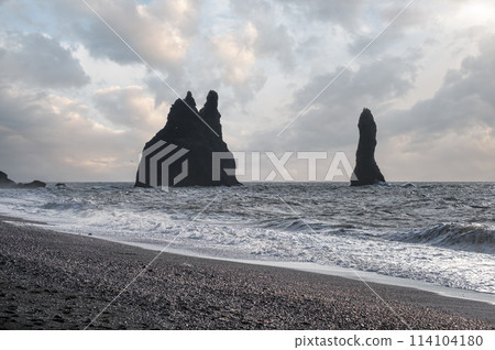 The famous Black Sand ocean Beach and Picturesque Basalt Columns, Vik, South Iceland. Flying birds in sky. 114104180