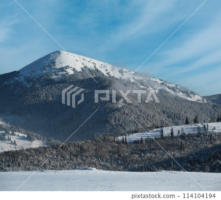 Winter Gorgany massiv mountains scenery view from Yablunytsia pass, Carpathians, Ukraine. 114104194
