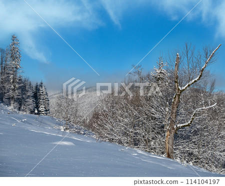 Winter massiv mountains scenery view from Yablunytsia pass, Carpathians, Ukraine. Winter massiv mountains scenery view from Yablunytsia pass, Carpathians, Ukraine. 114104197