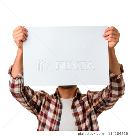 Paper in hands on a white or transparent background. Close-up of a man holding a white sheet of paper. Mockup. Protest. Starting ideas. Ideas for the future. New beginnings. 114104216